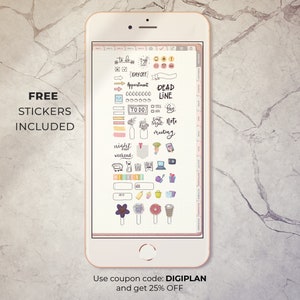 May include: A digital planner app on a smartphone screen with a variety of colorful stickers, including a to-do list, a calendar, and a note pad. The text "FREE STICKERS INCLUDED" is displayed at the top of the image. The text "Use coupon code: DIGIPLAN and get 25% OFF" is displayed at the bottom of the image.