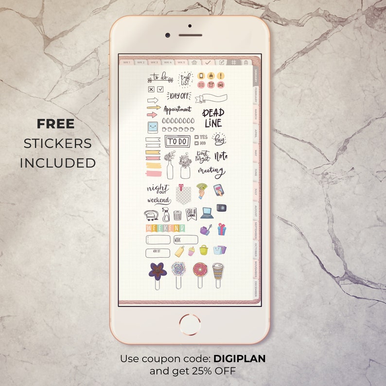 May include: A digital planner app on a smartphone screen with a variety of colorful stickers, including a to-do list, a calendar, and a note pad. The text "FREE STICKERS INCLUDED" is displayed at the top of the image. The text "Use coupon code: DIGIPLAN and get 25% OFF" is displayed at the bottom of the image.