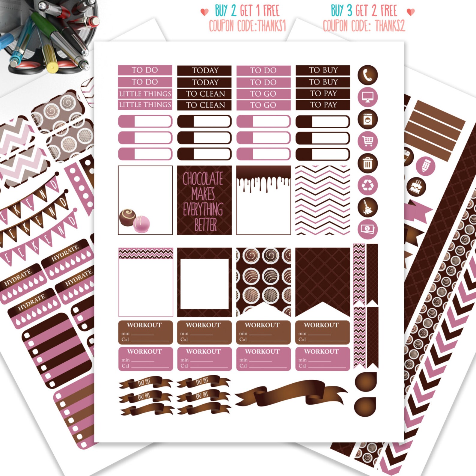 Chocolate Planner Stickers Printableweekly Kit Stickers for | Etsy