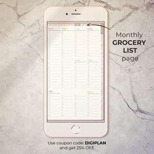 May include: A digital planner page on a smartphone screen with a checklist for a monthly grocery list. The list is divided into categories: fruits, veggies, dairy, grains, meals, drinks, other, and frozen. The page is pink and white with a checkmark in the upper right corner.