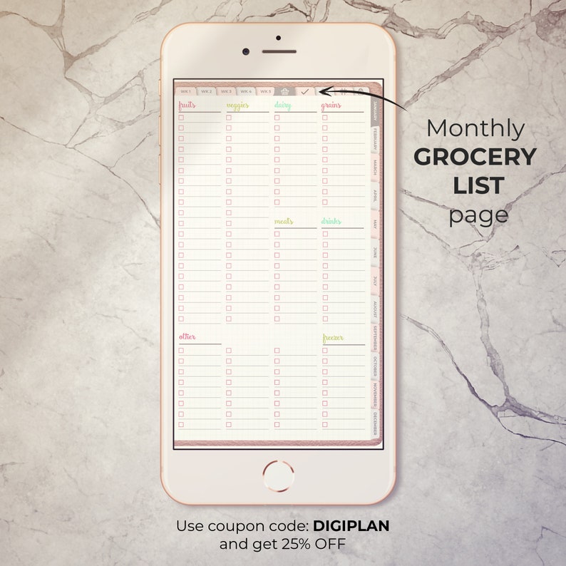 May include: A digital planner page on a smartphone screen with a checklist for a monthly grocery list. The list is divided into categories: fruits, veggies, dairy, grains, meals, drinks, other, and frozen. The page is pink and white with a checkmark in the upper right corner.