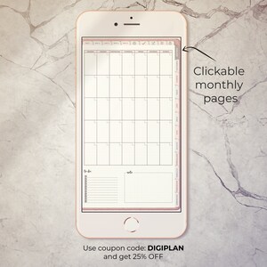 May include: A digital planner app on a smartphone screen with a monthly calendar view. The calendar has clickable monthly pages and a to-do list section. The app is designed in a pink and white color scheme.