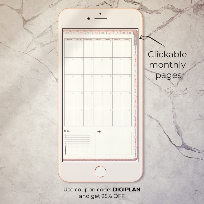 May include: A digital planner app on a smartphone screen with a monthly calendar view. The calendar has clickable monthly pages and a to-do list section. The app is designed in a pink and white color scheme.