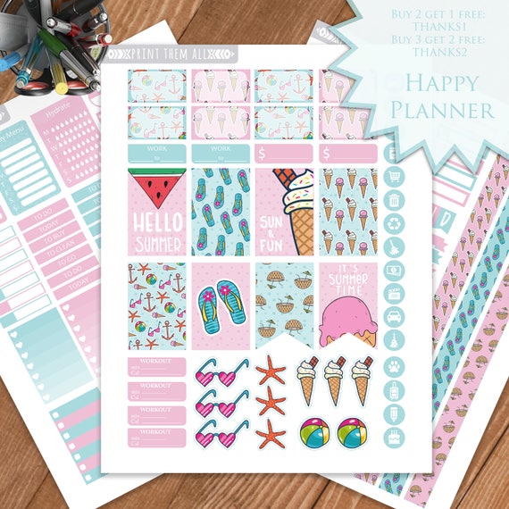 Summer Planner Stickers: Beach Theme, Weekly Layout (Digital Download)