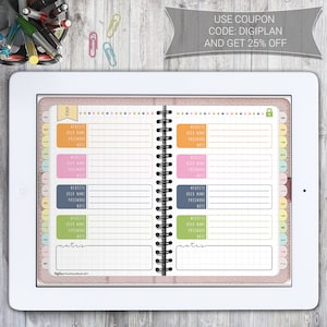 Puede incluir: Un planificador digital con una cubierta rosa y naranja. El planificador tiene una encuadernación en espiral y está abierto a una página con un patrón de cuadrícula. La página tiene secciones para el sitio web, el nombre de usuario, la contraseña y las notas. El texto "USE COUPON CODE: DIGIPLAN AND GET 25% OFF" está en la parte superior de la página.