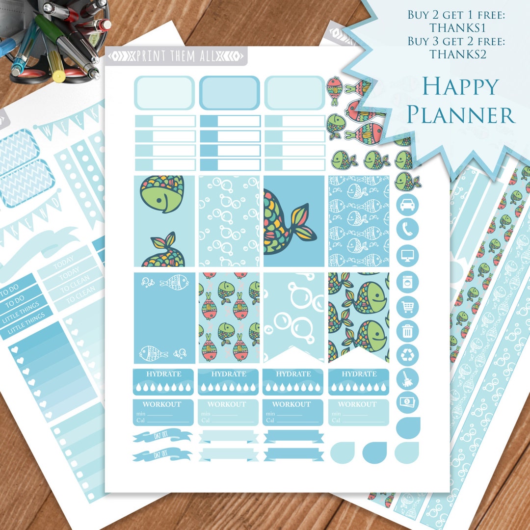 Colorful Fish Planner Stickers Printable, HAPPY PLANNER STICKERS ...