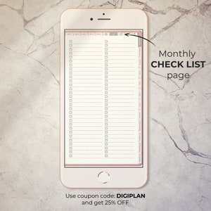 May include: A digital planner app on a smartphone screen with a monthly checklist page. The page has a grid of checkboxes for each day of the month. The app has a light background with a pink border.