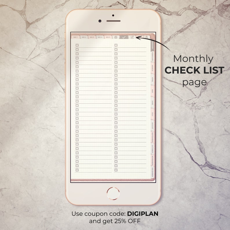 May include: A digital planner app on a smartphone screen with a monthly checklist page. The page has a grid of checkboxes for each day of the month. The app has a light background with a pink border.