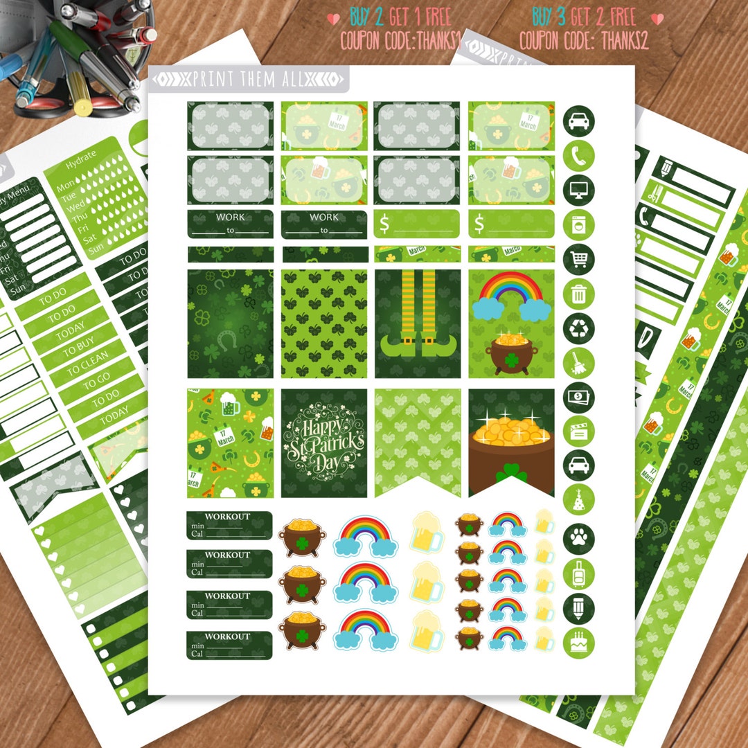 St Patrick's Day Planner Stickers Printable,weekly Kit, Stickers for ...