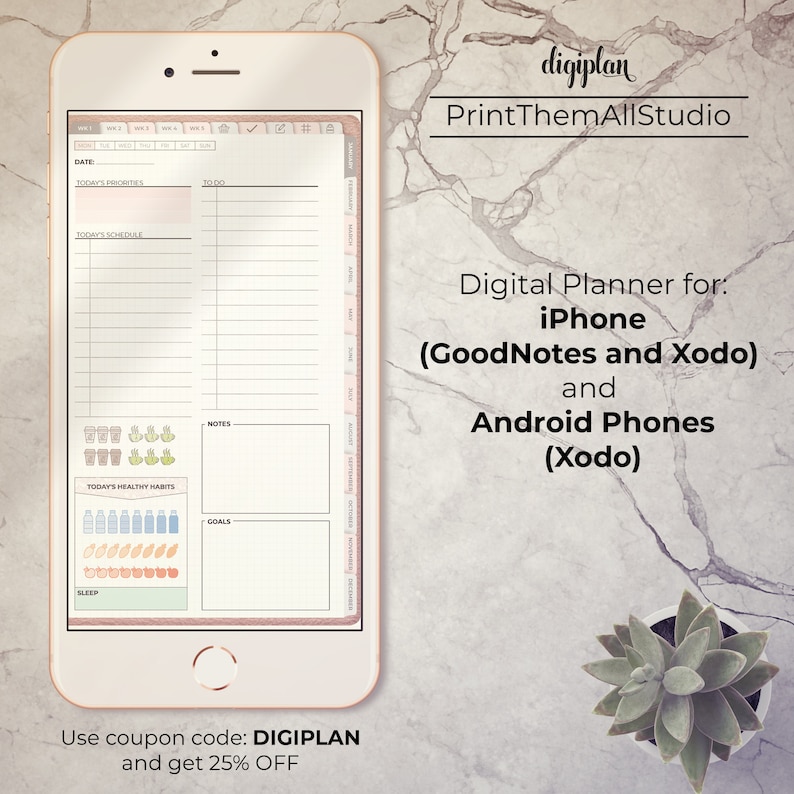 May include: A digital planner for iPhone and Android phones, designed for use with GoodNotes and Xodo apps. The planner features a daily schedule, to-do list, notes section, and habit trackers. The image shows a pink and white planner with a marble background.