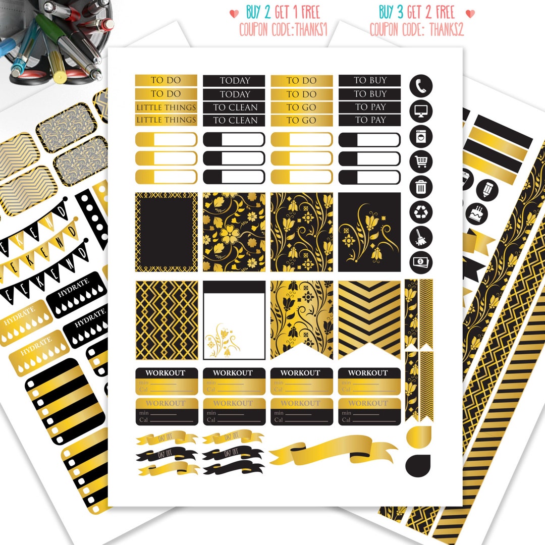 Black - Gold Planner Stickers Printable,weekly Kit, Stickers for ERIN ...