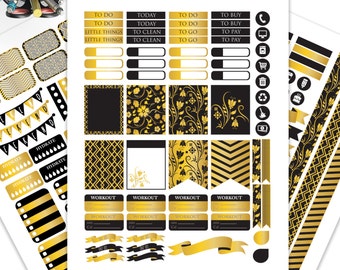 Black - Gold Planner Stickers Printable,Weekly Kit, Stickers for ERIN CONDREN LIFEPLANNER™,Planner Kit, Washi,Eclp stickers,Instant download