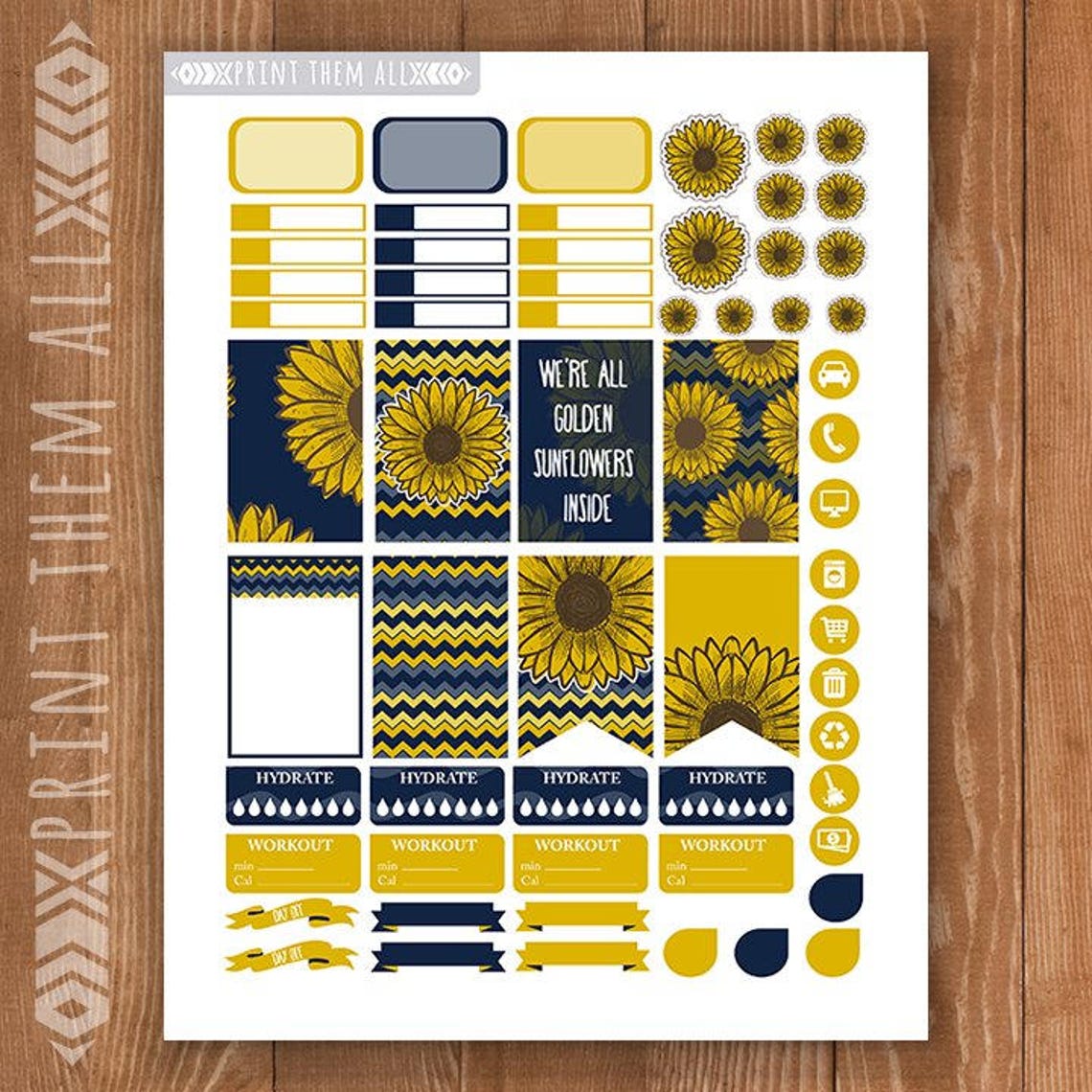 Blue Sunflower Printable Planner Stickers HAPPY PLANNER - Etsy
