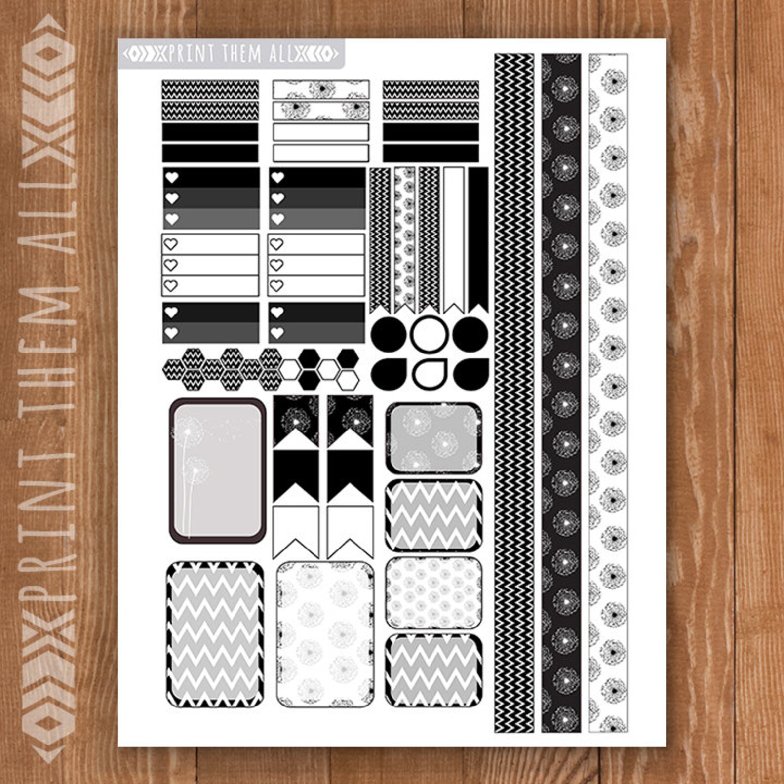 Black & White Planner Stickers Printable Wildflower HAPPY | Etsy