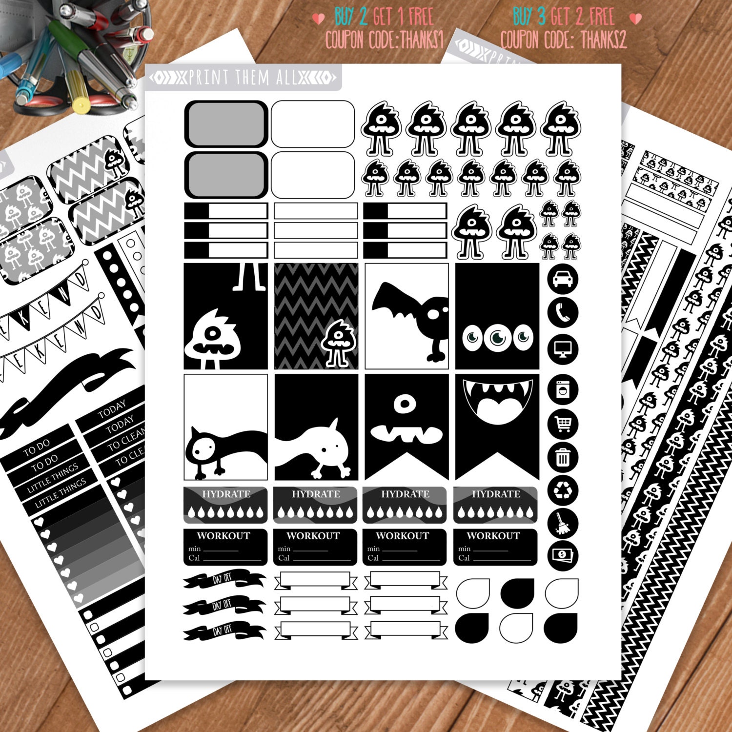 monsters-printable-planner-stickers-black-and-white-stickers-weekly-monthly-kit-erin-condren-sticker-printable-sampler-instant-download-etsy