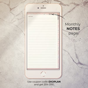 May include: A digital planner app on a smartphone screen showing a monthly notes page with a lined section for writing notes and a sidebar with a calendar view. The text "Monthly NOTES page" is visible on the screen.