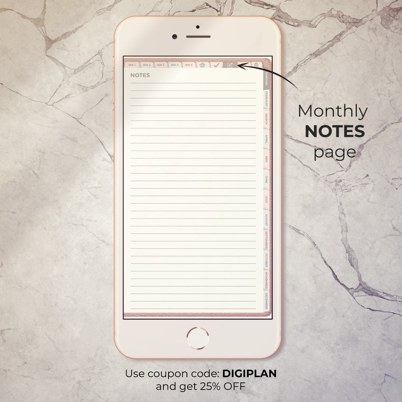 May include: A digital planner app on a smartphone screen showing a monthly notes page with a lined section for writing notes and a sidebar with a calendar view. The text "Monthly NOTES page" is visible on the screen.