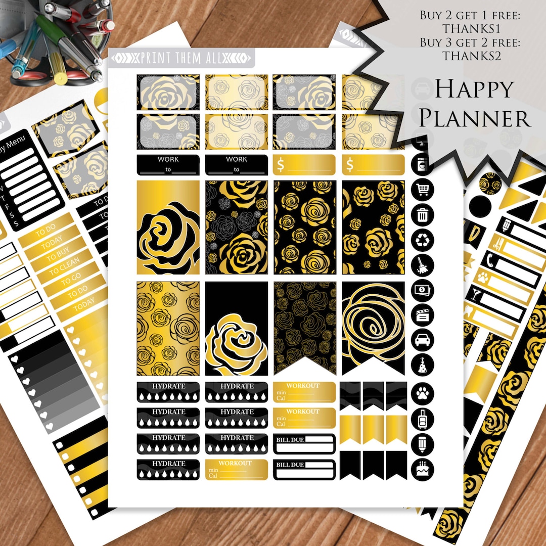 Golden Roses Planner Stickers Printable, HAPPY PLANNER Sticker,  Monthly/weekly Kit, Printable Sampler, Happy Planner Kit, Instant Download  