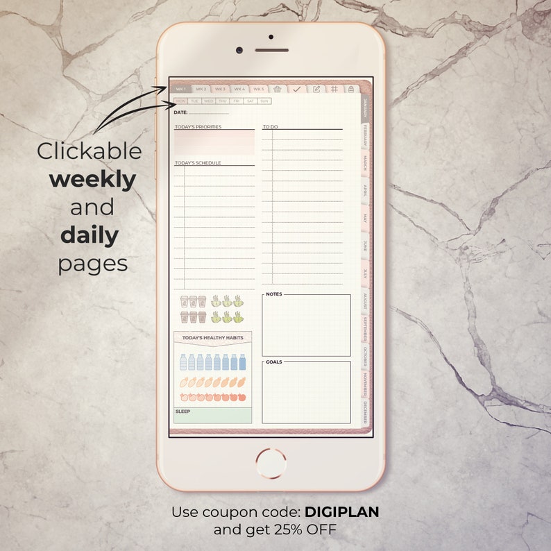 May include: A digital planner app on a smartphone screen with a weekly and daily view. The app features a calendar, to-do list, notes section, and habit trackers. The text "Use coupon code: DIGIPLAN and get 25% OFF" is displayed at the bottom of the screen.