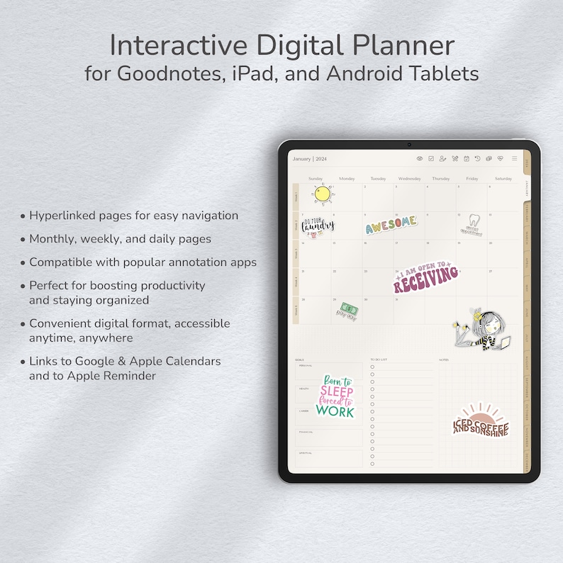 Agenda numérique 2024 Quotidien, hebdomadaire et mensuel Planificateur GoodNotes pour iPad et Xodo pour Android Agenda numérique daté Planificateur d'objectifs image 3