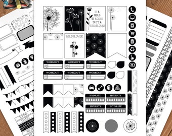 Kit semanal de pegatinas de flores silvestres para planificador: blanco y negro (descarga digital)