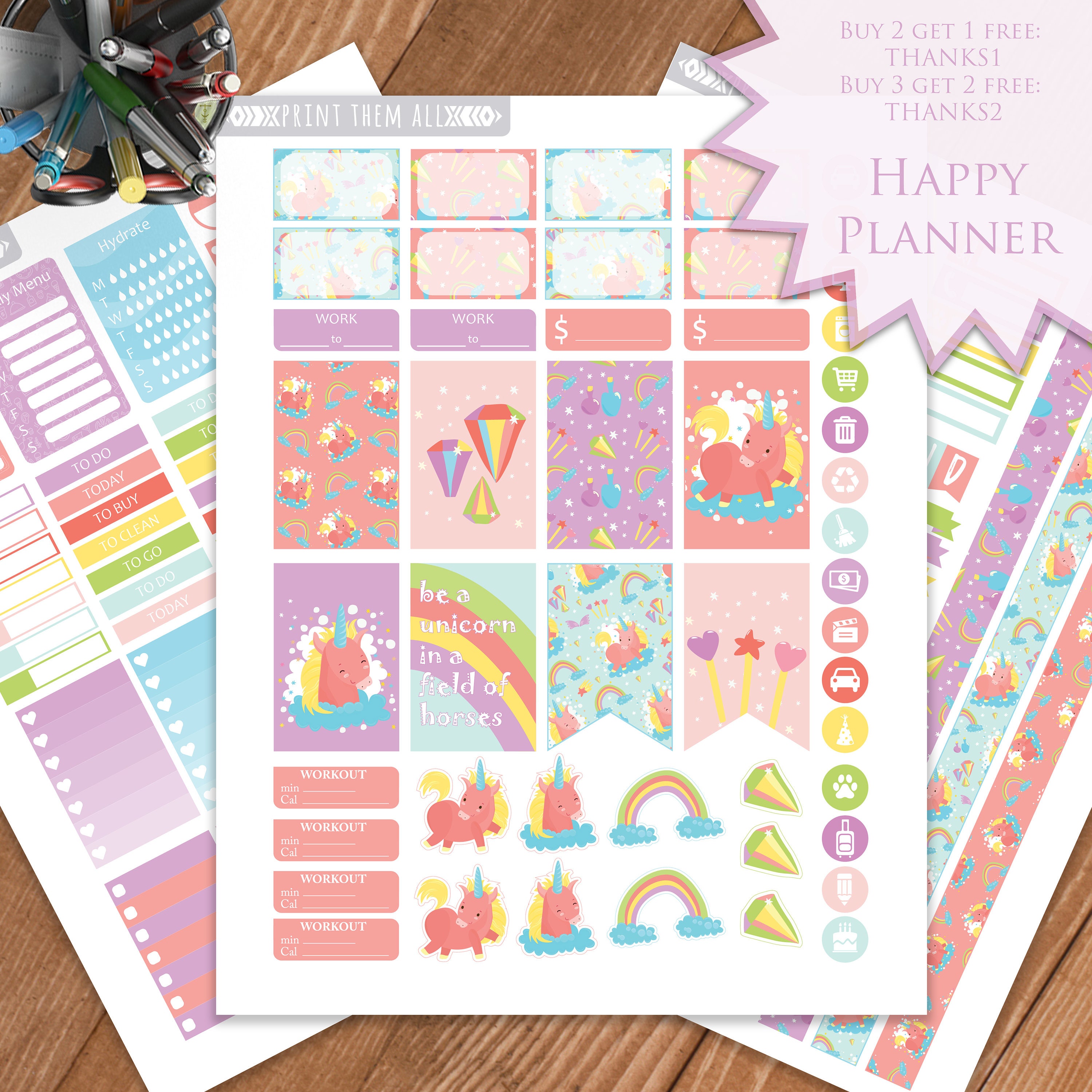 unicorn planner stickers printable unicorn rainbow happy etsy