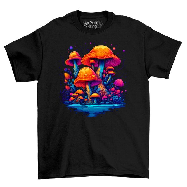 Neon Mushroom LSD Forest Trippy T-Shirt Tee Top Men's Black Cotton Shirt | Mens Goth Fantasy Shirts | Dark Graphic T-Shirts