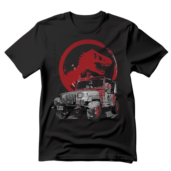 Dinosaur Park Jeep T-Shirt - All Genders Black Tee Shirt - Jurassic T-Rex Themed Shirt - Mens Dino T-Shirt - Boys & Girls Top