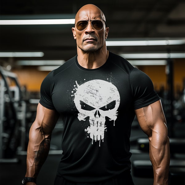 Punisher Skull Splatter T-shirt de gym pour homme, haut d'entraînement sur le thème du film et du dessin animé, parfait pour les fans de fitness et de culture pop.