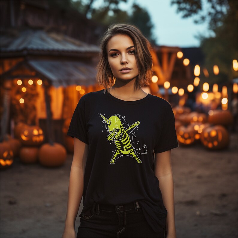 Skeleton Unicorn Dab Halloween Tshirt Vibrant Graphic Print, No Fade