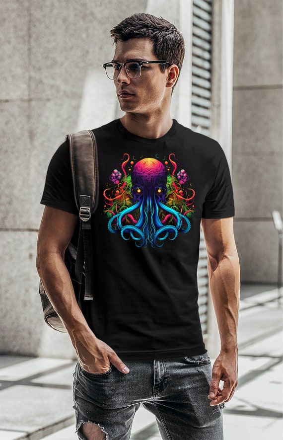 Trippy Under Water Octopus Psychedelic T Shirt Tee Top Camicia di cotone nera da uomo Mens Goth Fantasy Camicie Magliette grafiche scure Etsy Italia