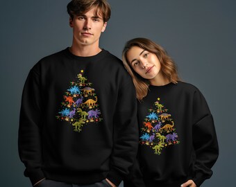 Miłośnik dinozaurów Prezent świąteczny Dinozaur Choinka Bluza | Zabawny szkielet Śnieżny Mikołaj Czapka Prezent świąteczny Sweter Brzydki Sweter Unisex
