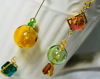 Gorgeous Glass earrings, green , brown, turquoise , Bubble Dangle Earrings Hand Blown Glass Ball Asymmetric Drop Earrings, Valentines