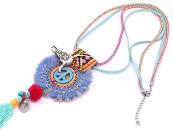 Long  Boho Bohemian Necklace , Bull head , Colorful Ethnic Necklace, long tassel necklace, Necklace Accessories, summer necklace silk tassel