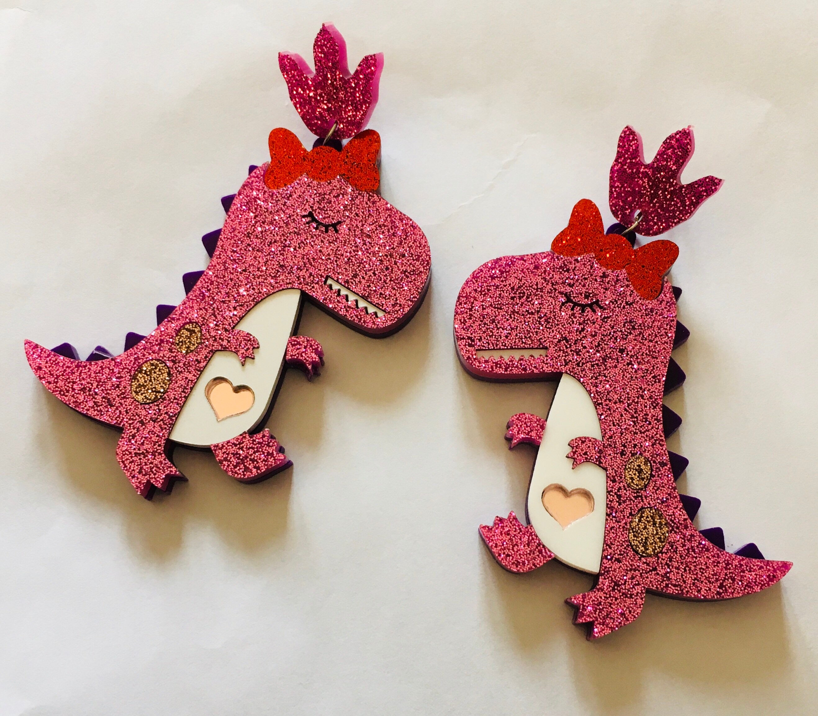 Fun Acrylic pink Glitter Dinosaur earrings pink quirky Etsy