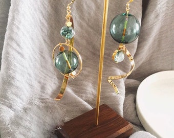 Gorgeous Fresh Green Bubble Dangle Earrings Hand Blown Glass Ball Asymmetric Drop Earrings, Mother’s day