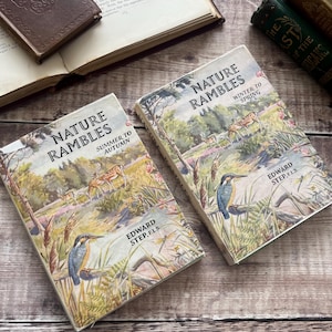 Könnte beinhalten: Zwei alte Bücher mit dem Titel "Nature Rambles" mit Naturillustrationen. Ein Buch trägt die Aufschrift "Summer to Autumn" und das andere "Winter to Spring". Beide Bücher stammen von Edward Step, F.L.S.