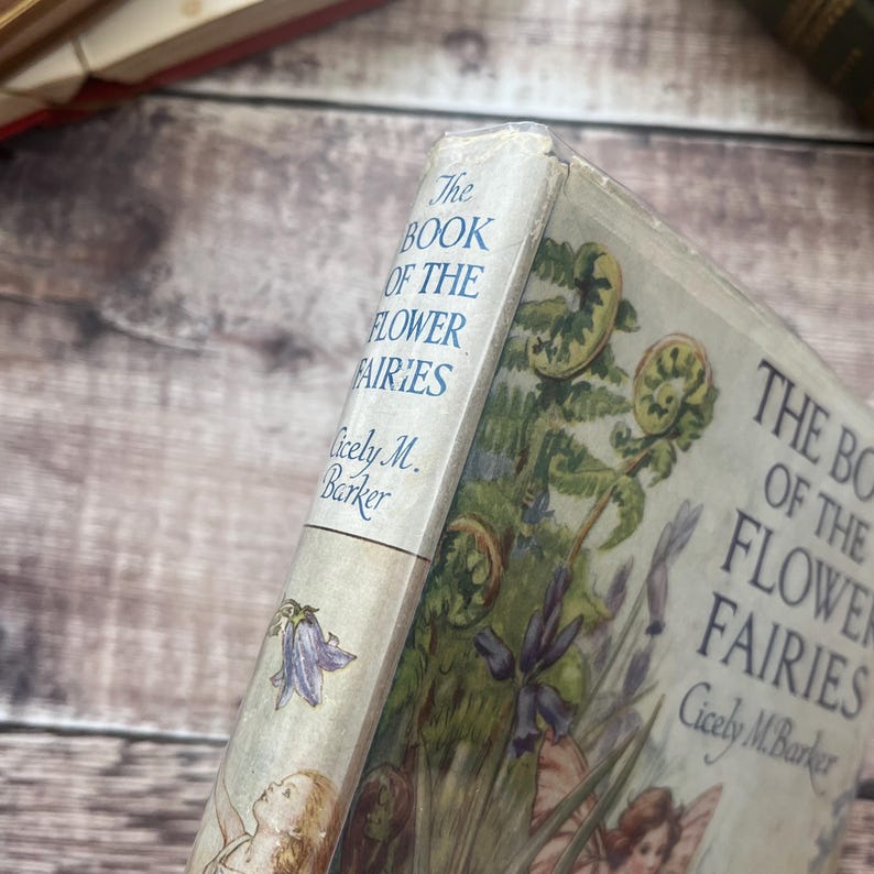 May include: A well-worn copy of "The Book of the Flower Fairies" by Cicely M. Barker. The cover is adorned with floral and fairy illustrations. The spine shows the title in blue lettering.