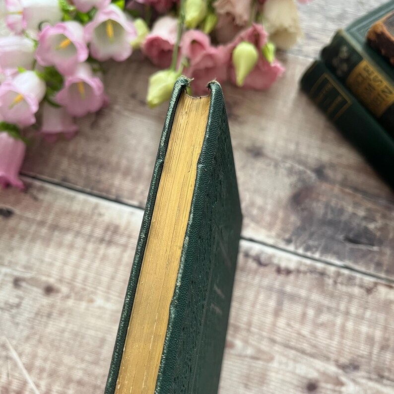 May include: Close-up of the spine of a green hardback book with gold-coloured edges. The book is on a wooden surface.