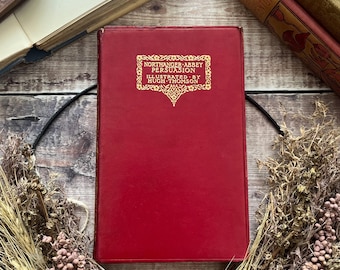 May include: A red hardback book titled "Northanger Abbey Persuasion" with gold lettering and illustrations. The book is surrounded by dried flowers and other antique books on a wooden surface.