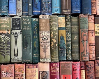 Pode incluir: Uma coleção de livros antigos de capa dura dispostos em filas, apresentando várias lombadas coloridas com ilustrações decorativas, letras douradas e títulos como Will Foster, The Crystal City Under the Sea e The Buffalo Runners.