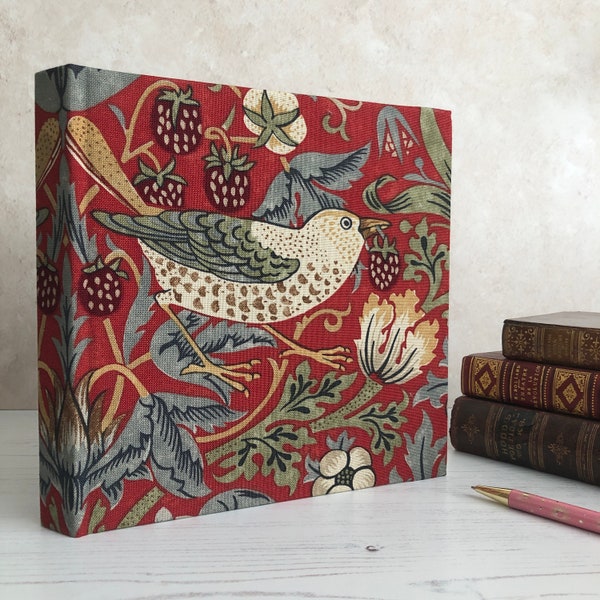 Large Chunky Square Art Journal Notebook Hand Covered in a Beautiful William Morris Red Strawberry Thief Fabric
