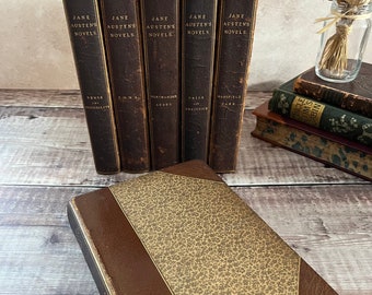 1881-1885 Complete Collection of the Works of Jane Austen Half Leather Floral Antique Books Victorian...published by Richard Bentley and Son