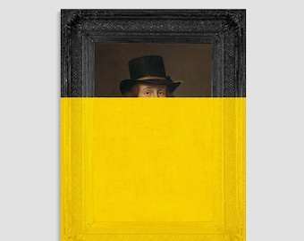 Man in Hat - Unusual Art Prints for Eclectic and Eccentric Home Decor - Large Canvas Artwork with illusion frame - Yellow Wall Decor Ideas