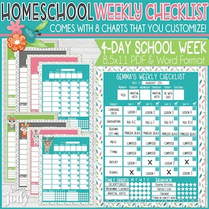 4 Day Homeschool Weekly Checklist, Editable Homeschool Planner, Digital Printable