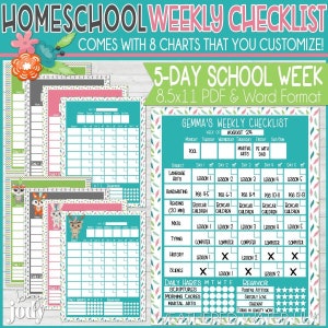 5 Day Homeschool Weekly Checklist, Editable Homeschool Planner, Digital Printable image 1