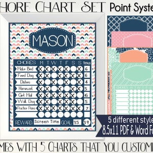 Könnte beinhalten: Ein druckbares Aufgaben-Chart-Set in blau-rosa Farbgebung. Das Chart ist für ein Kind namens Mason konzipiert und beinhaltet ein Punktesystem für die Erledigung von Aufgaben. Das Chart enthält eine Vielzahl von Aufgaben, darunter Bett machen, Hund füttern, Geschirr spülen, Hausaufgaben, Post holen, Hund Gassi gehen und Klavier üben. Das Chart beinhaltet auch ein Belohnungssystem für Bildschirmzeit. Das Chart ist in 5 verschiedenen Stilen erhältlich und wird im PDF- und Word-Format 8,5x11 geliefert.