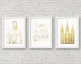 LDS Art-Christ, I am a child of God, Temple Digital prints set Gold