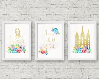 LDS Art - I am a child of God, Christ and Temple Art - Gold/Rainbow Floral