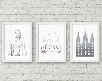 LDS Art - Silver I am a child of God, Christ and Temple Art - Watercolor Arrow